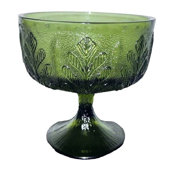 FTD Other - 1978 FTD Green Compote Pedestal Glass Bowl Oak Leaf Embossed Vintage